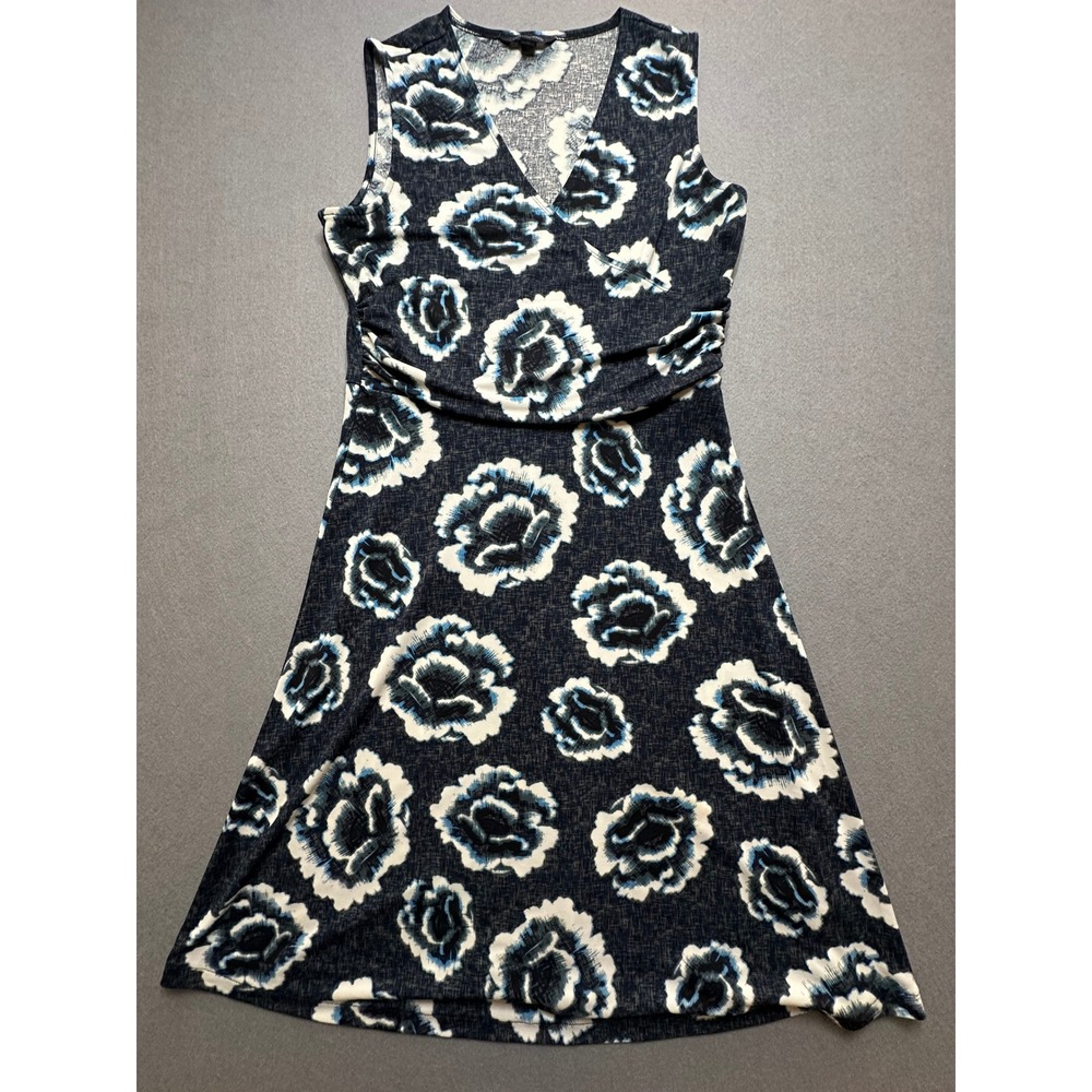 Lands End Womens Navy Blue White Floral Faux Wrap Dress Sleeveless Small 6-8- 41